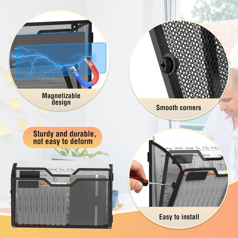 Docnest 2 Tier 3 Pack Magnetic Wall Mounted File Holders,Mesh Letter Organizer, Magnetic Hanging Mail Paper Document Organizer for Office, Home, School, Black - Image 3